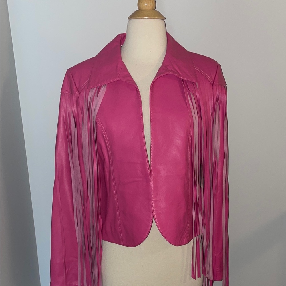 Chic Pink Leather Fringe Jacket